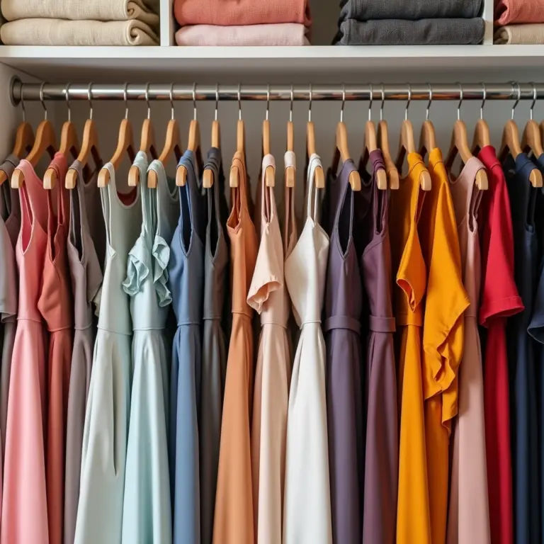 Closet organizado com diversos vestidos coloridos e bem dispostos.