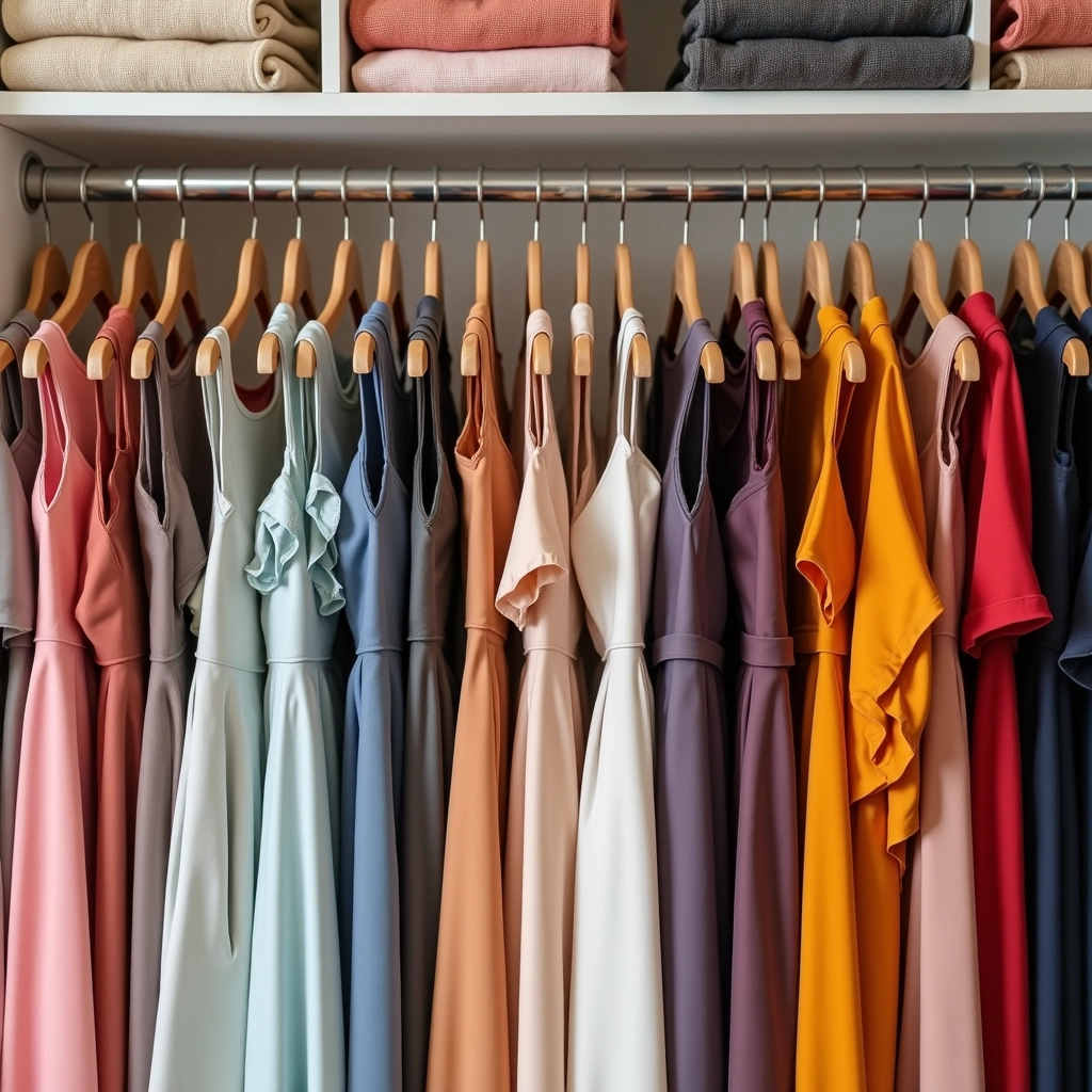 Closet organizado com diversos vestidos coloridos e bem dispostos.