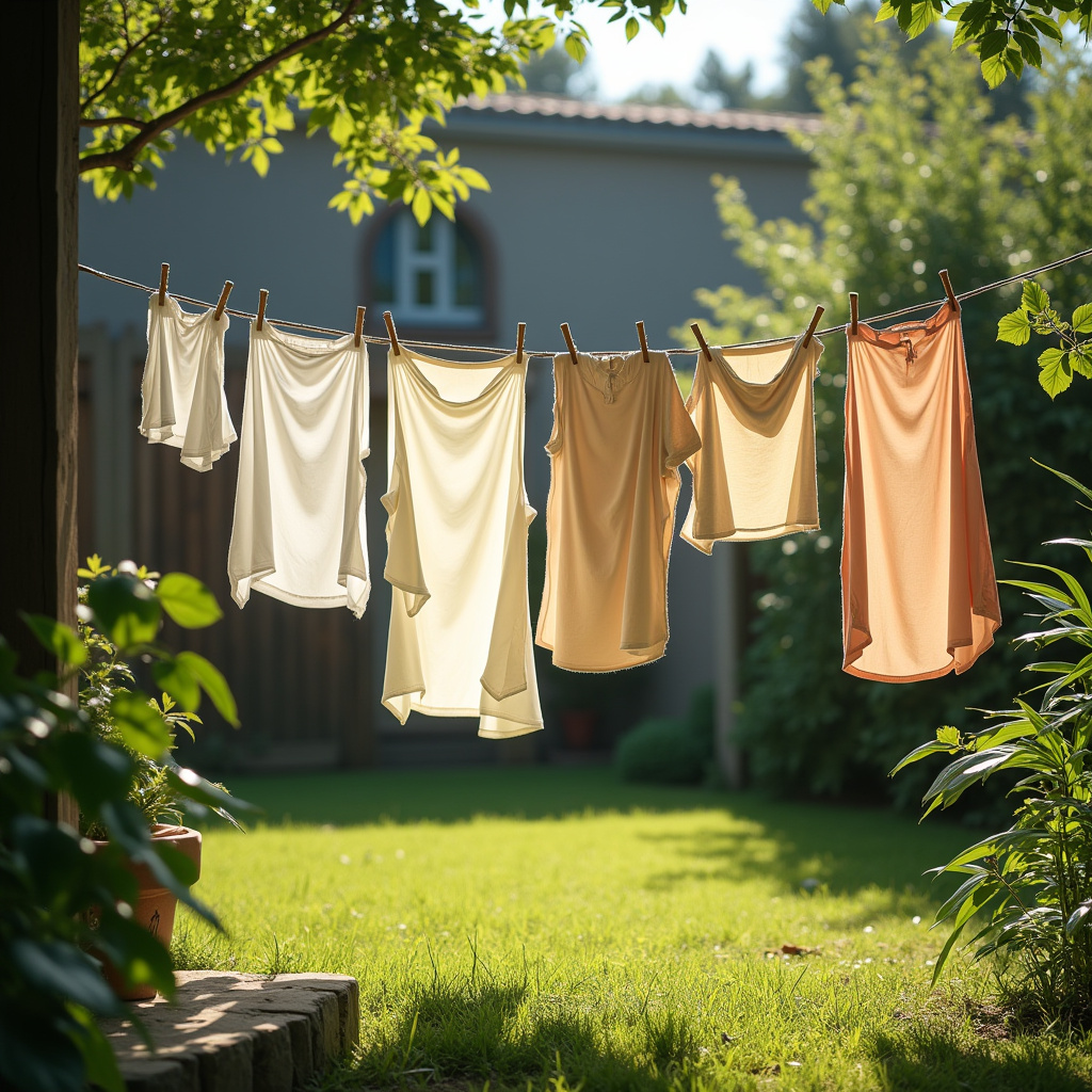 Clothes drying in shade, breezy day, backyard, green plants, natural lighting, lifestyle Roupas secando à sombra para evitar desbotamento.