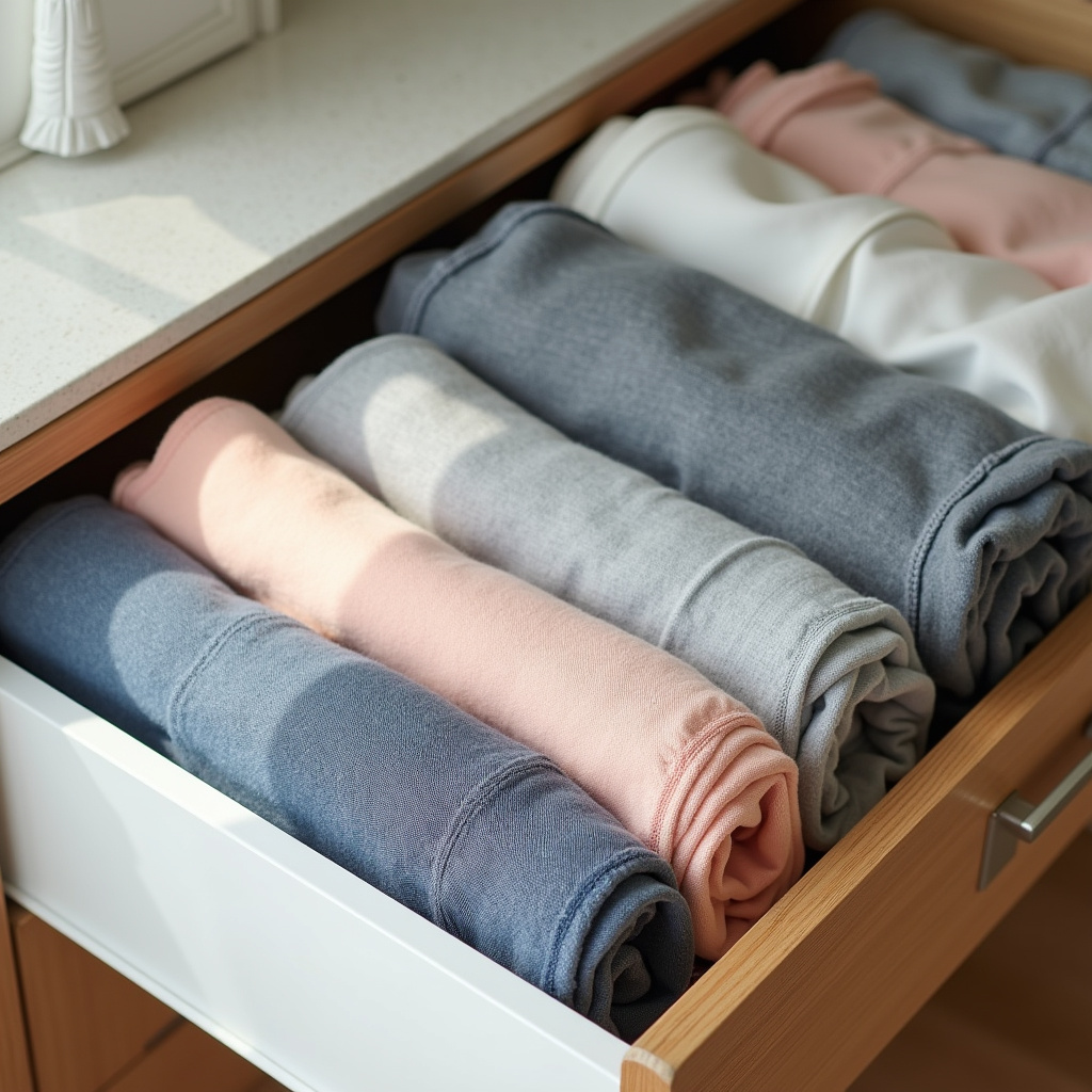 Clothes folded using Marie Kondo method in drawers. Summer clothes. Natural light, 8K quality, Roupas dobradas no estilo Marie Kondo.