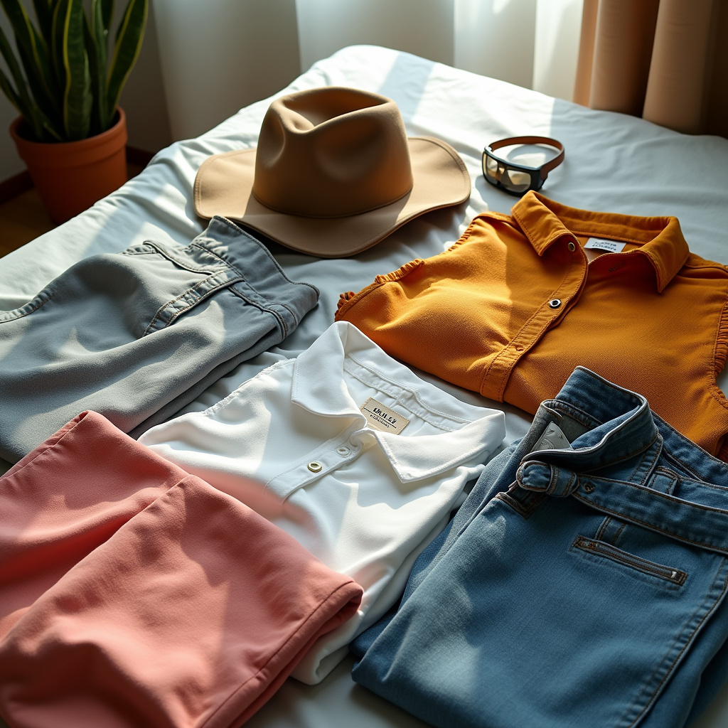 Clothes laid out for travel, versatile outfits, bright room, natural light, 8K quality, Escolhendo roupas para diferentes climas.