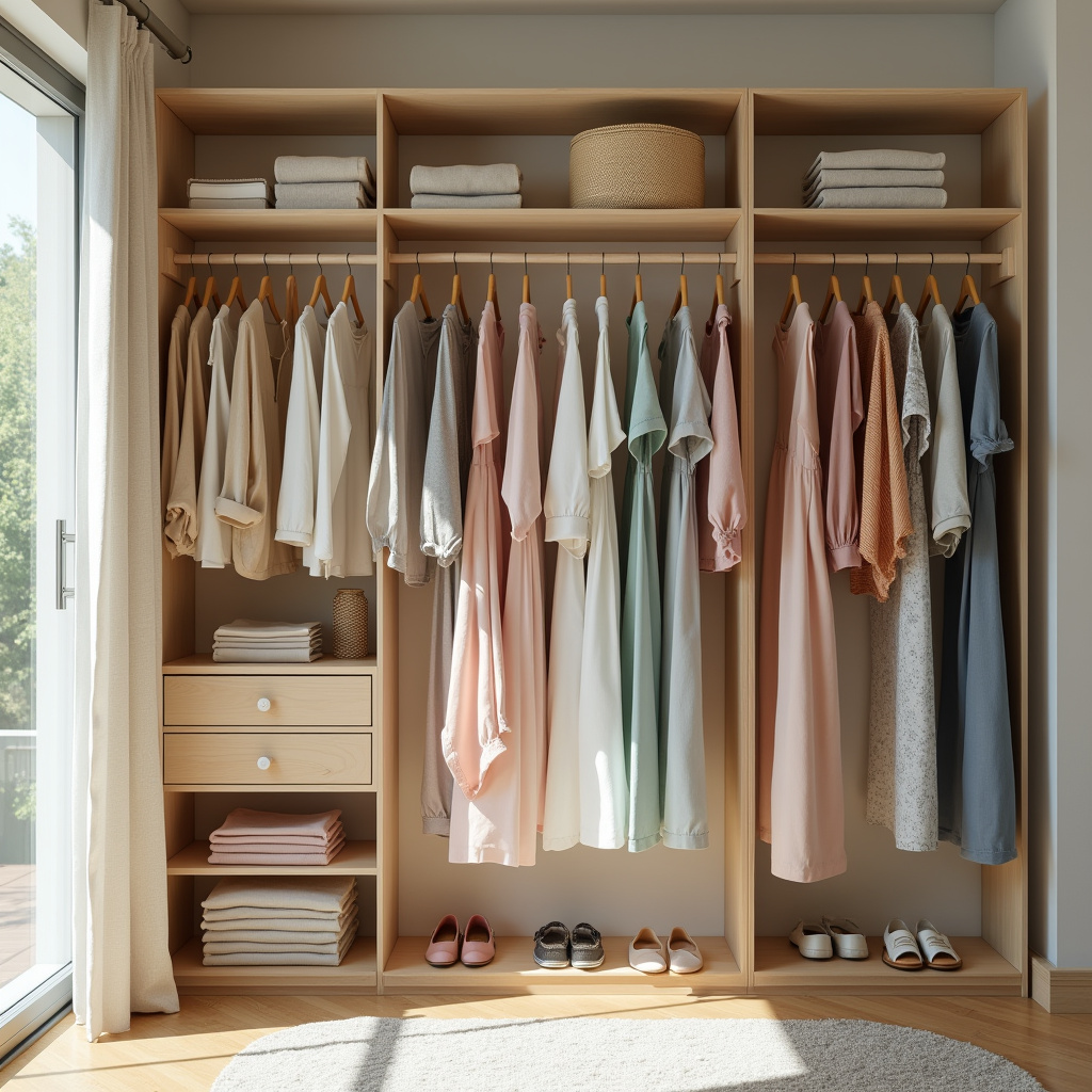 Clothes organized by type and color in a bright closet. Summer wardrobe. Natural light, 8K quality, Roupas organizadas por tipo e cor no armário.