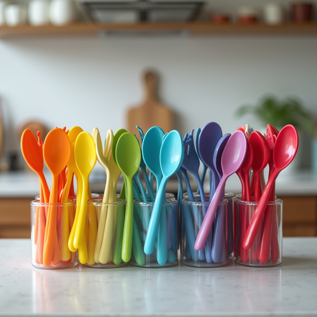 Talheres coloridos organizados por cor.