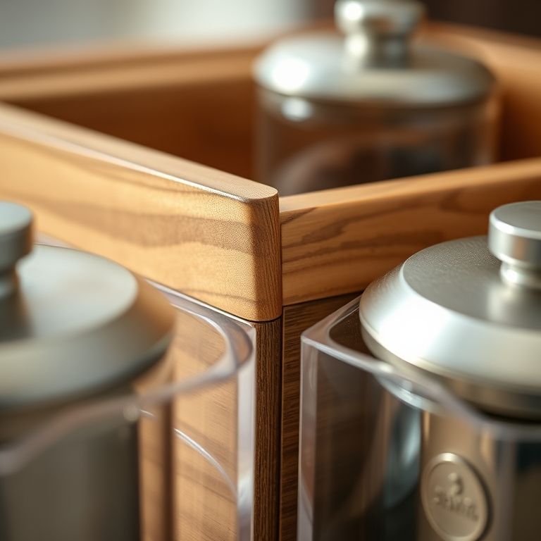 Comparativo de materiais para organizadores de chá: madeira, acrílico e metal.