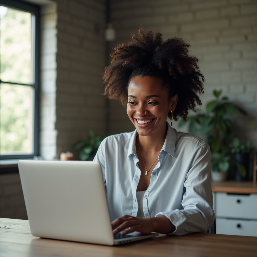 Comparing toner prices online, laptop, diverse woman, natural light, commercial photography, 8K Comparando preços de toner online.