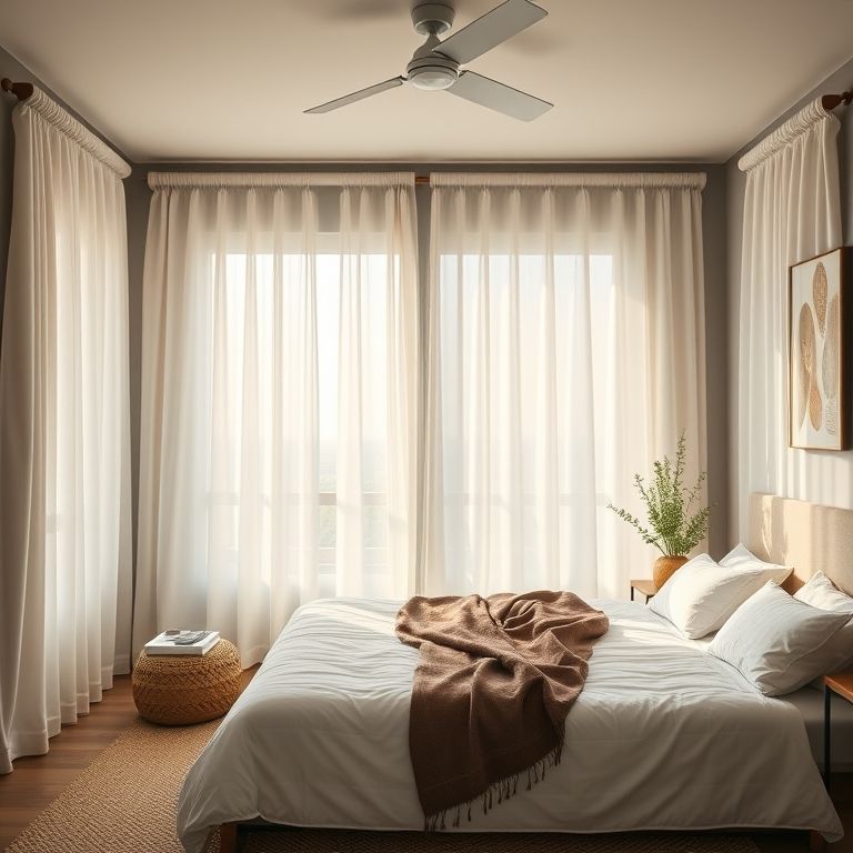 Cortinas automatizadas se fechando em quarto moderno com Alexa.