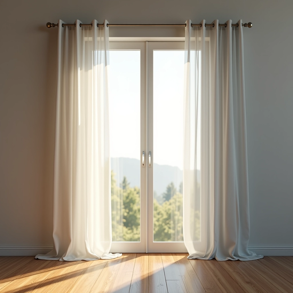 Cortinas leves e claras permitindo a entrada de luz natural.