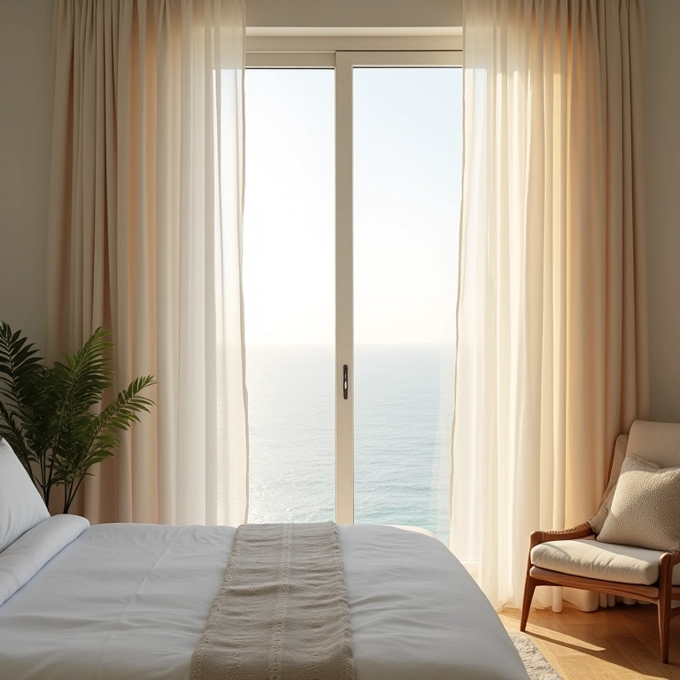 Cortinas leves e fluidas balançando na brisa, quarto costeiro.