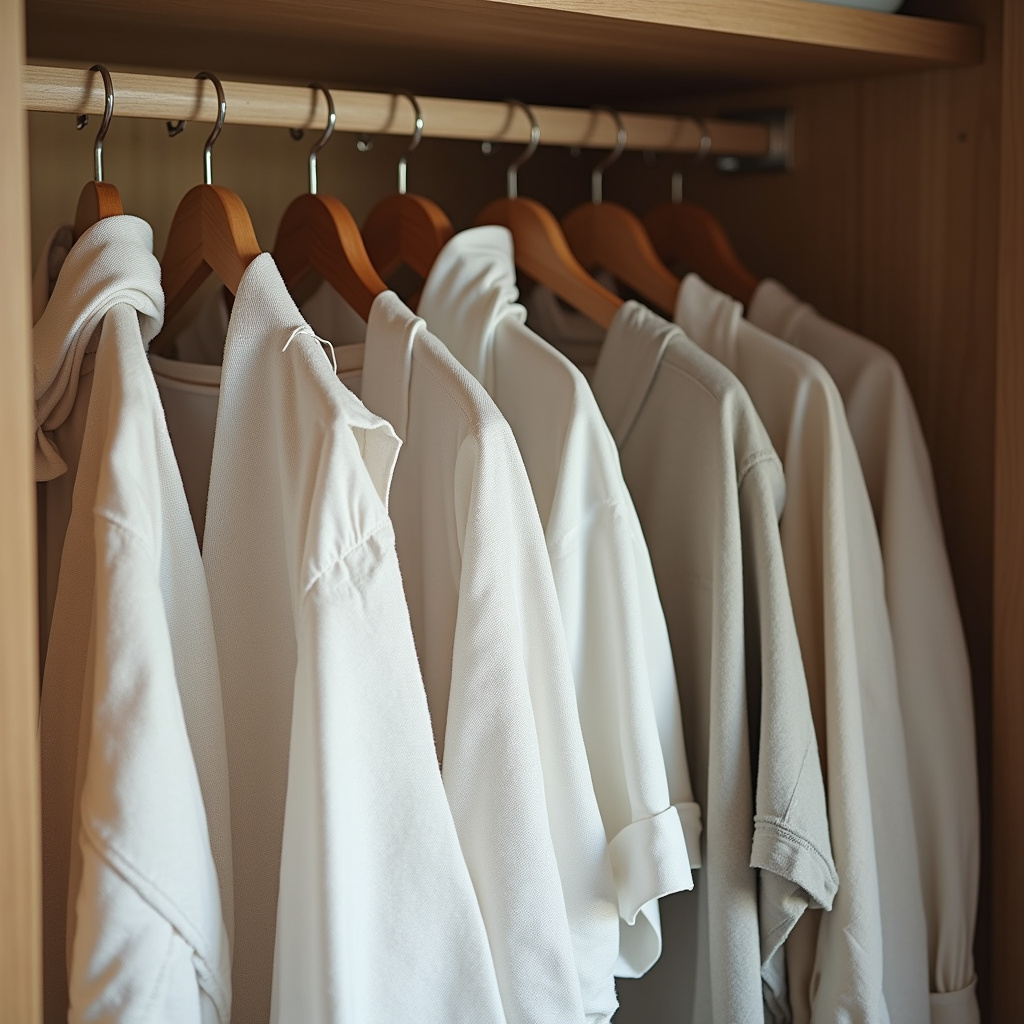 Cotton and linen clothes in TNT bags inside wardrobe. Focus on fabrics. Natural light, 8K, Roupas de algodão e linho protegidas em sacos de TNT.