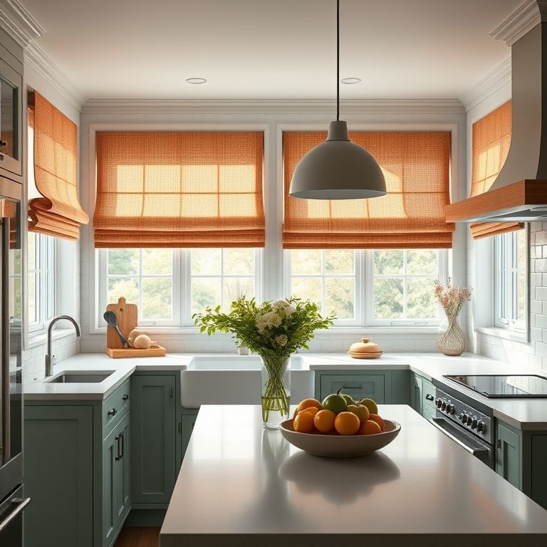 Cozinha moderna com cortinas romanas práticas, unindo funcionalidade e beleza em estilo Farm Rio.