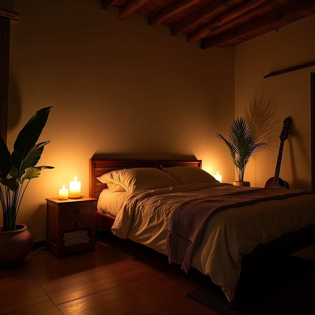 Cozy bedroom with strategic lighting: table lamp, candles, natural light, 8K, professional Quarto aconchegante com iluminação estratégica.
