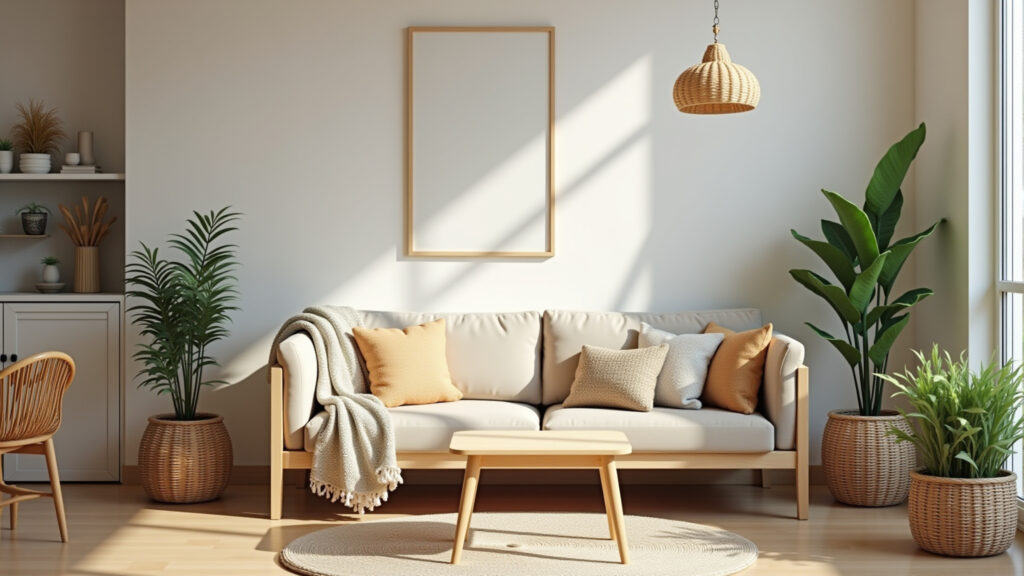 Cozy small living room, minimalist design, bright natural light, potted plants, light wood Sala pequena organizada com móveis multifuncionais e plantas.