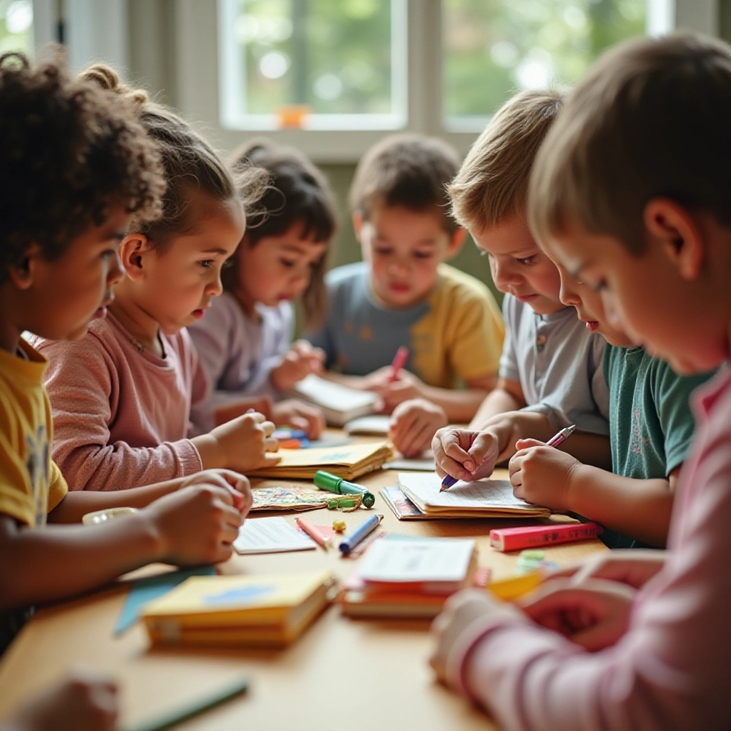Crianças participando ativamente da organização do próprio material escolar.