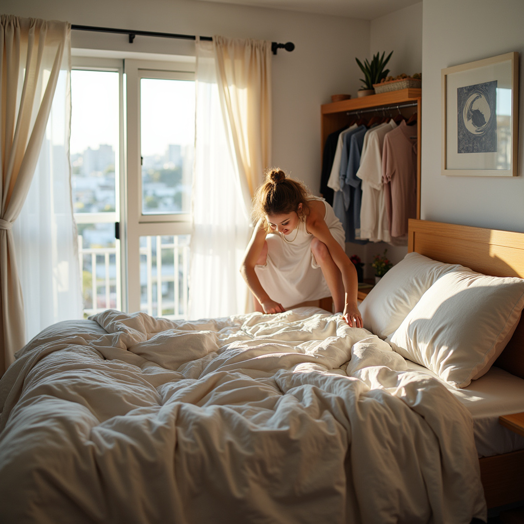 Daily bedroom organization routine: making the bed, putting away clothes, natural light, 8K, Rotina diária de organização do quarto.