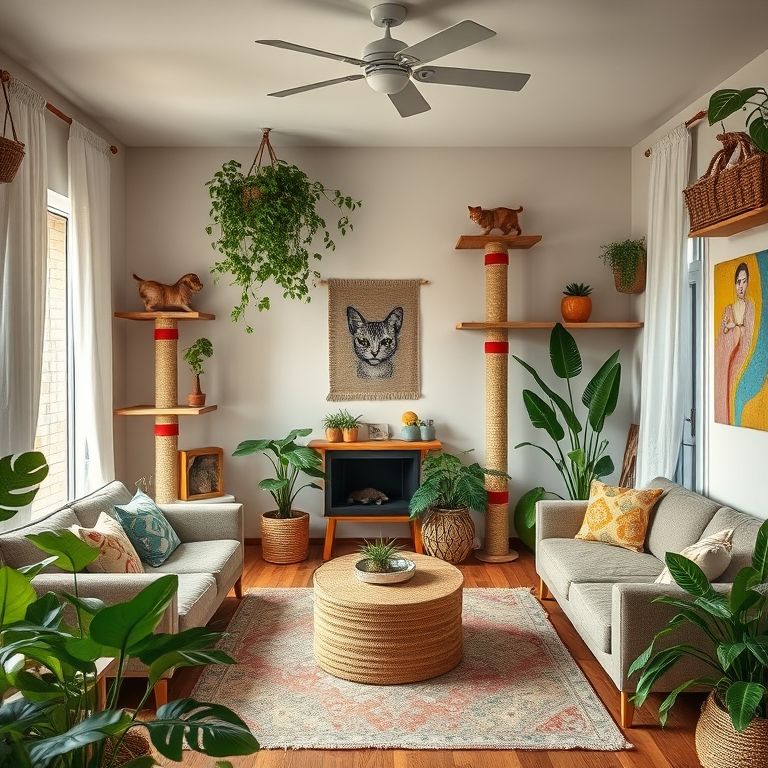 Decoração adaptada para pets com arranhadores e nichos.
