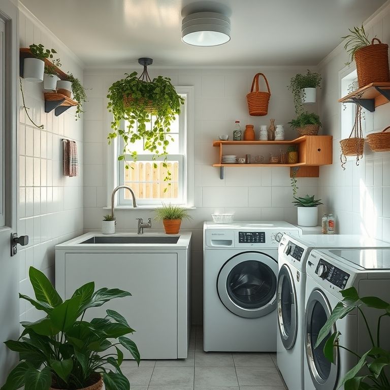 Decoração com plantas em lavanderia.