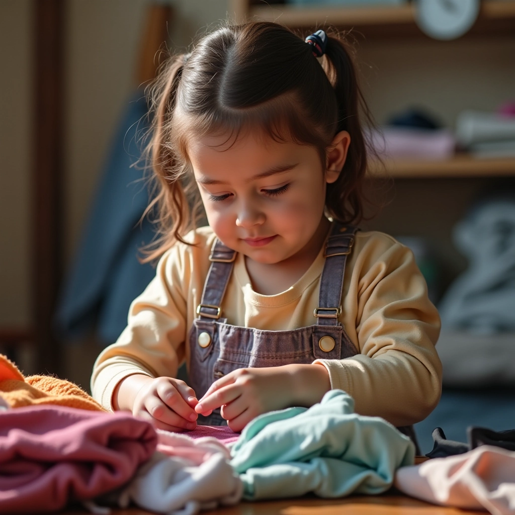 Desapegue regularmente das roupas que não servem mais. Uma criança separando roupas para doação.