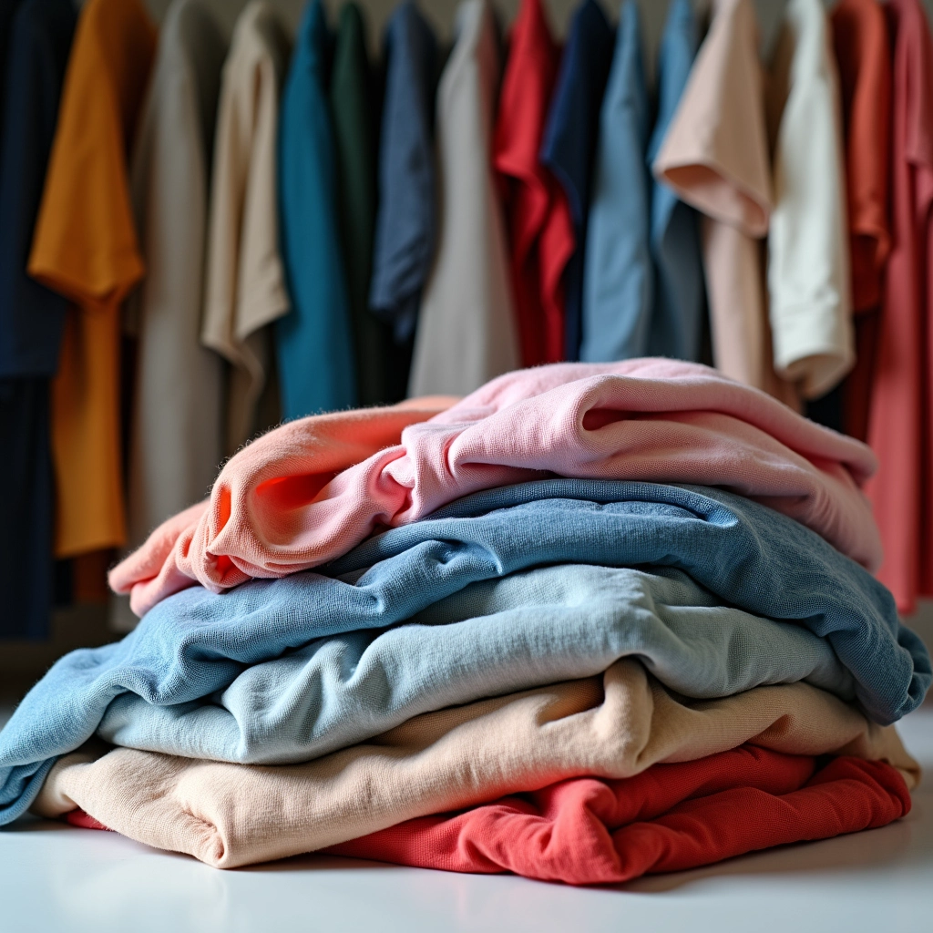 Descarte os vestidos que você não usa há mais de um ano para liberar espaço. Uma pilha de vestidos para doação em um closet.