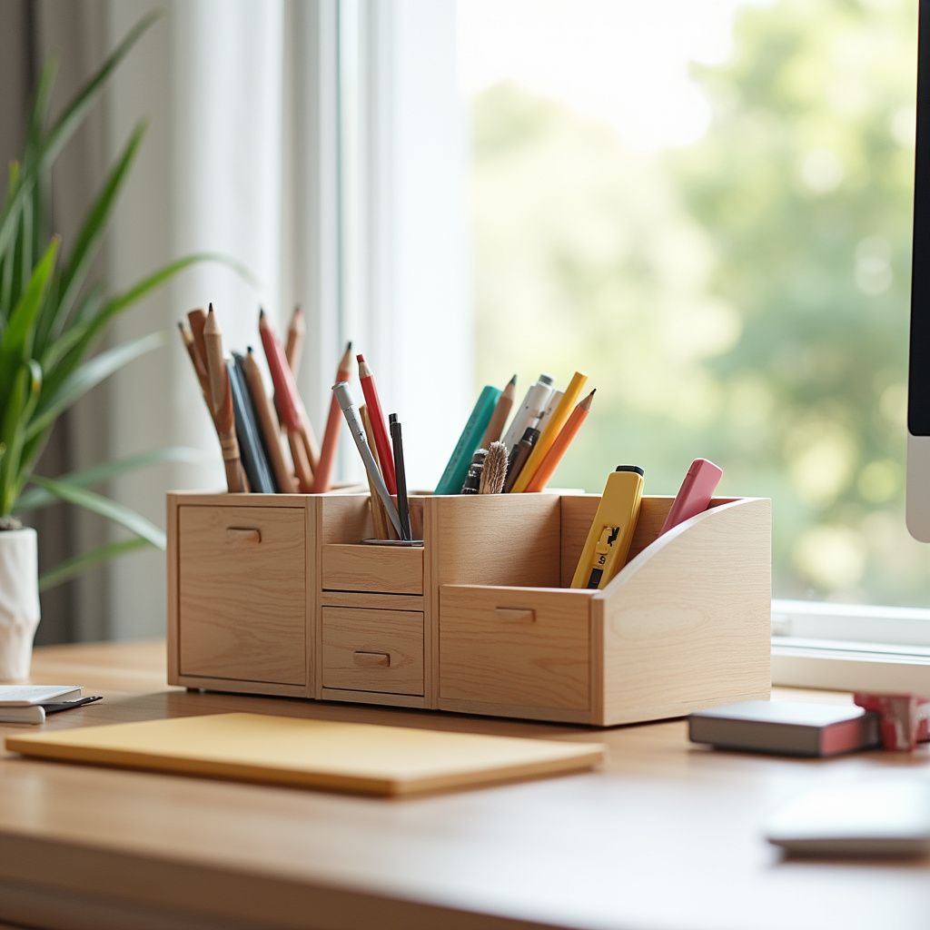 Desk organizers optimizing space, colorful stationery, minimalist design, bright, natural light, Organização de mesa com acessórios coloridos em home office pequeno.
