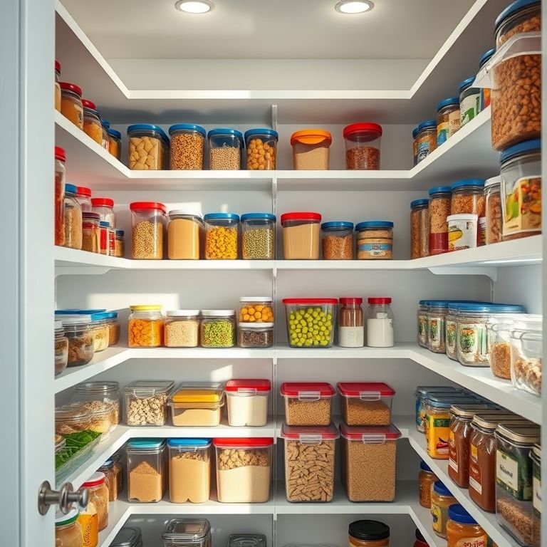 Despensa organizada com alimentos em potes transparentes.