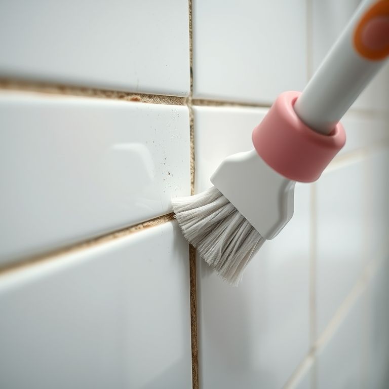Detalhe da limpeza do rejunte do banheiro, mostrando a diferença entre o antes e o depois.