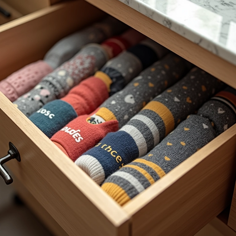 Diferentes designs de organizadores de meias em gaveta.