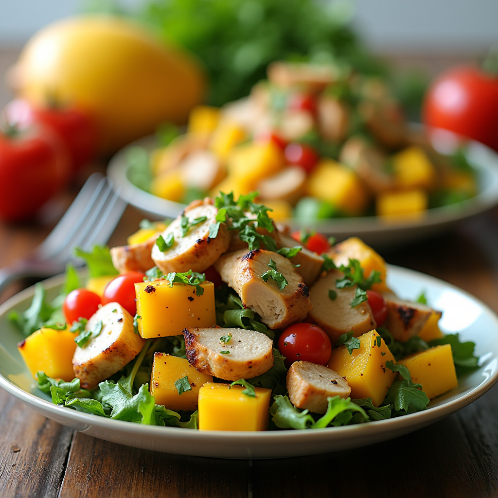 Different ingredient substitutions for grilled chicken mango salad. Natural light, vibrant colors, Substituições na salada de frango com manga.