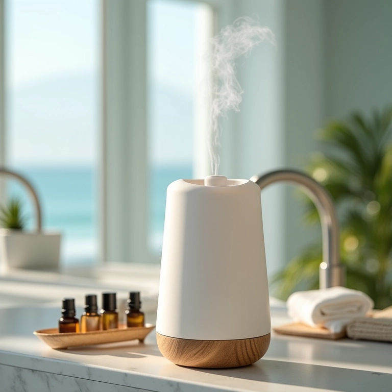 Difusor de aromaterapia com óleos essenciais com aroma do oceano, banheiro costeiro.