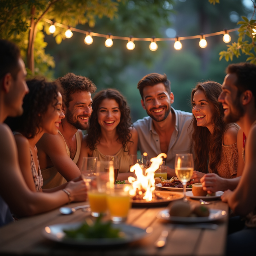 Amigos reunidos em um churrasco de final de ano.