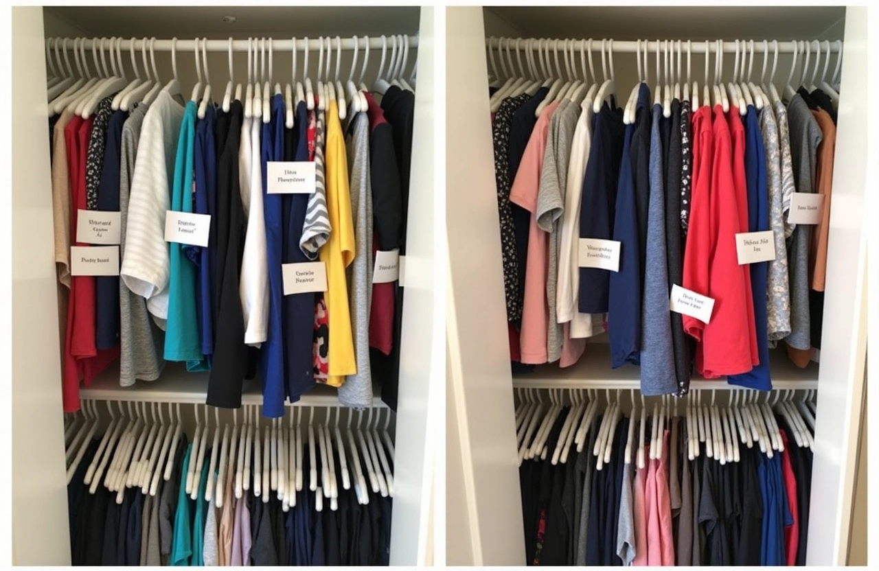 Roupas de criança divididas por tipo (camisas, calças, etc.) em um guarda roupa.