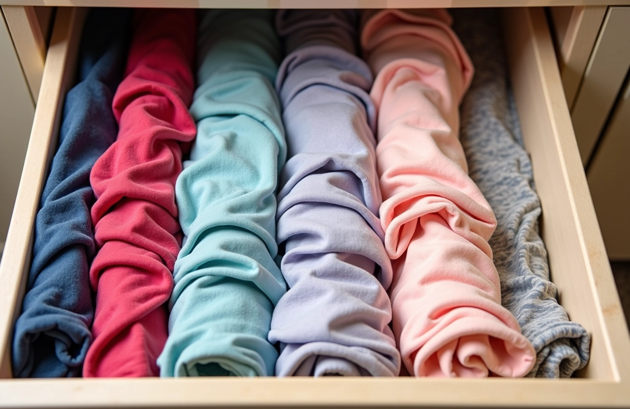 Roupas infantis dobradas de forma eficiente em uma gaveta.