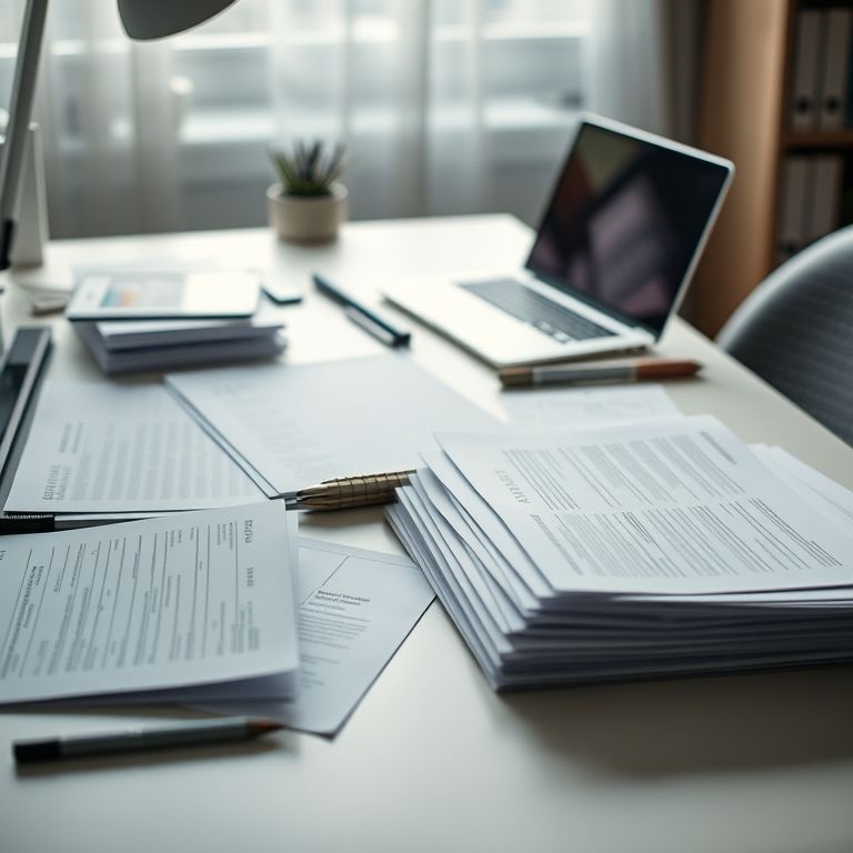 Documentos digitalizados e arquivos organizados em uma mesa de escritório.