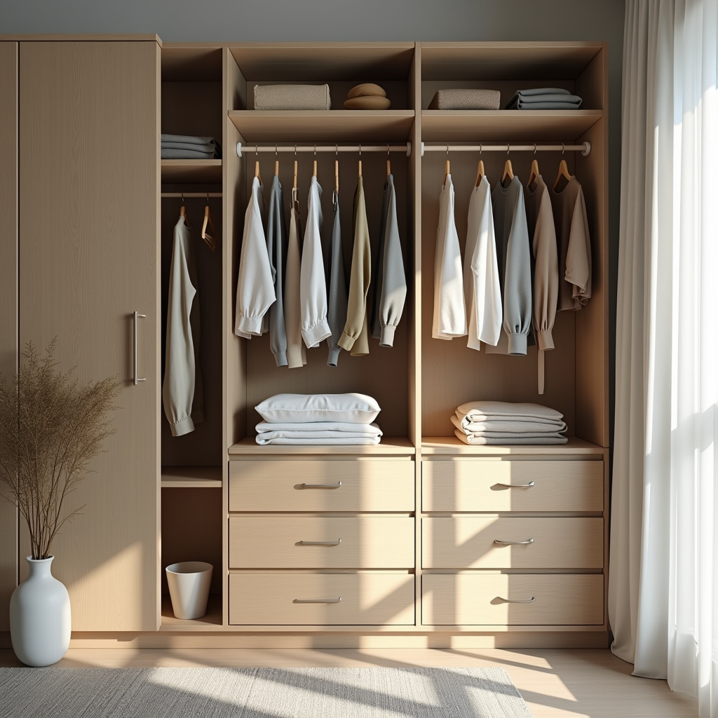 Dresser inside wardrobe, organized clothes, neutral colors, natural light, lifestyle photography, Cômoda integrada ao guarda-roupa organizada.