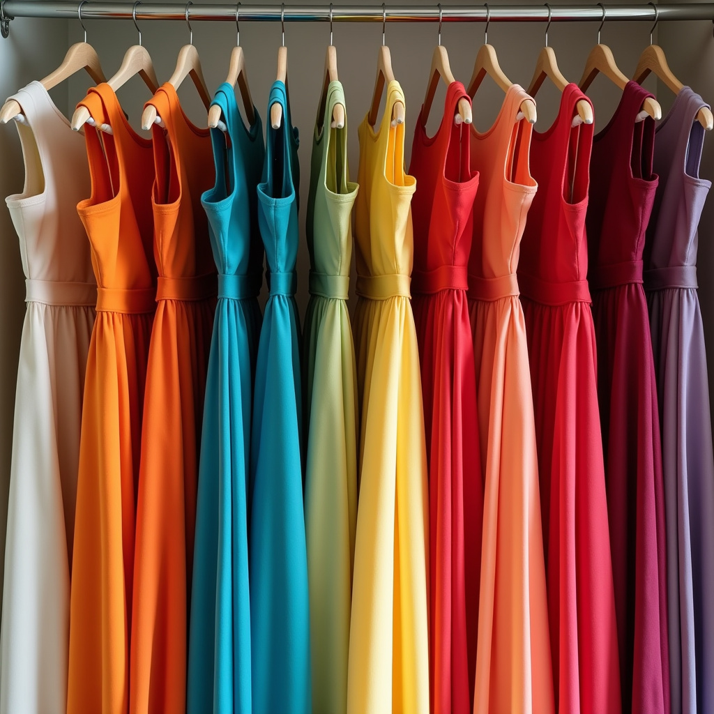 Dresses grouped by color in a closet, creating a rainbow effect. Lifestyle photography, 8k quality, Vestidos organizados por cor em um closet, efeito arco-íris.