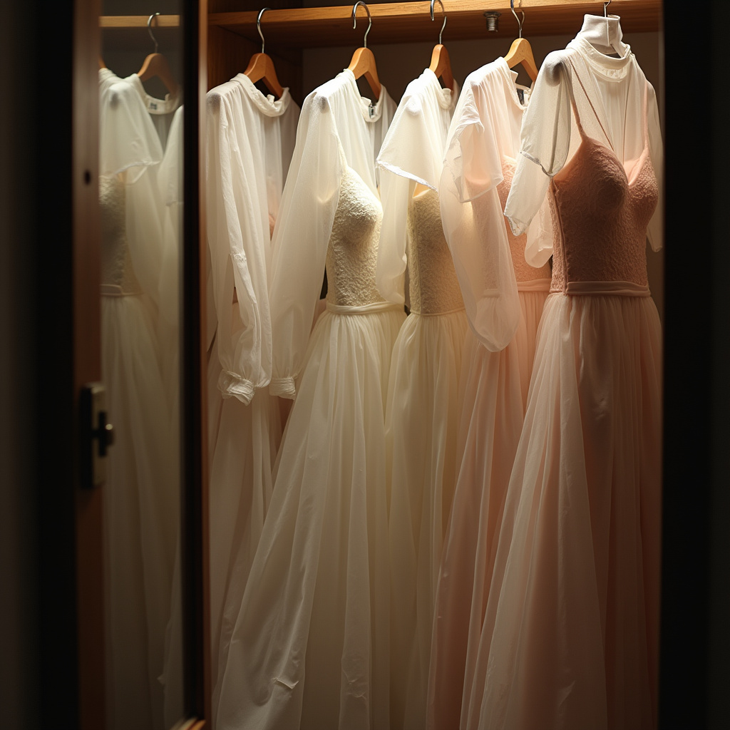 Dresses in protective covers inside a closet. Focus on preservation. 8k, professional photography, Vestidos de festa em capas protetoras no closet.