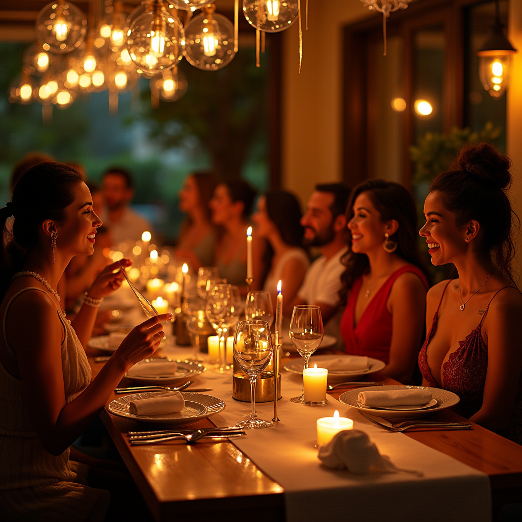 Mesa de jantar decorada para festa de final de ano.