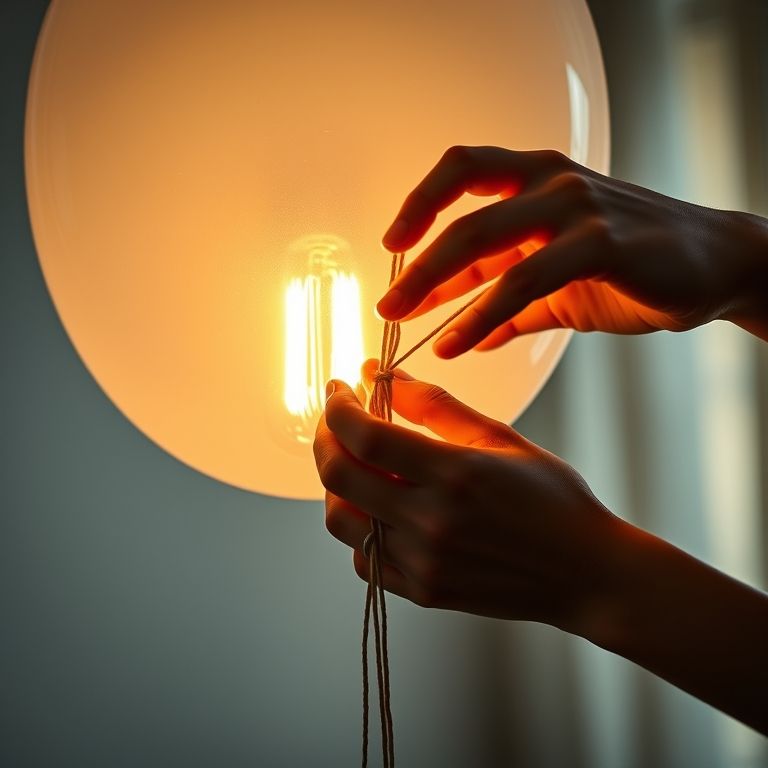 Envolvendo balão com barbante para luminária DIY.