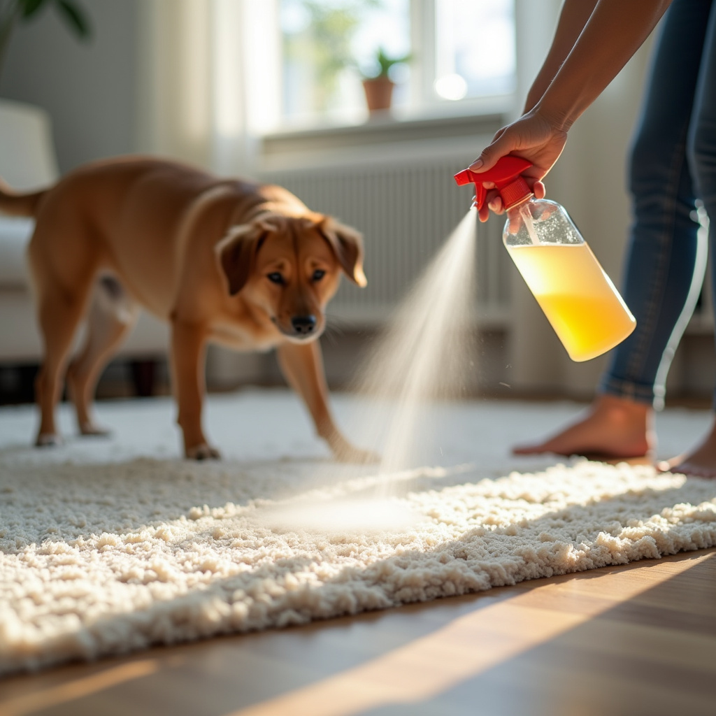 Enzymatic cleaner being sprayed on a rug to remove dog urine smell, close-up, pet-friendly home, Spray enzimático sendo aplicado em tapete para remover cheiro de urina de cachorro.