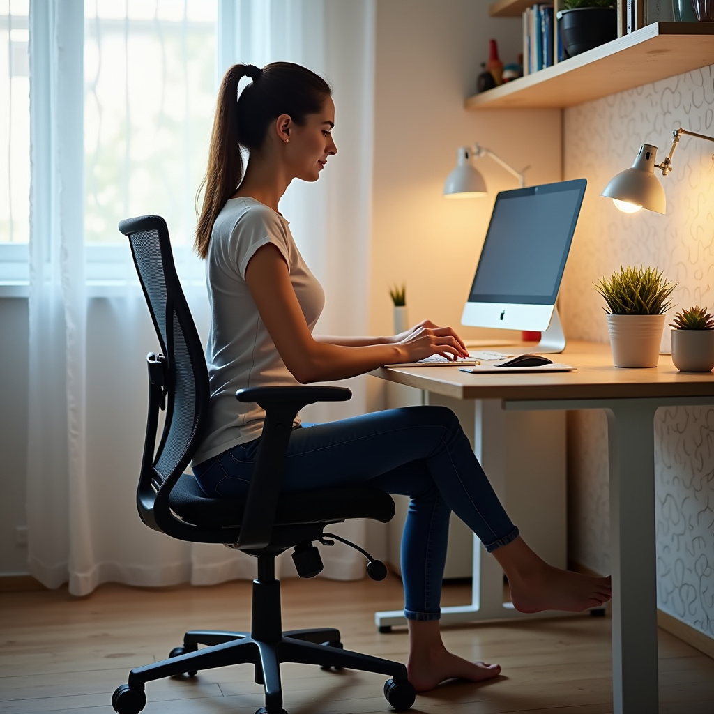 Ergonomic chair for small home office, good posture, back support, Brazilian professional woman, Cadeira ergonômica para postura correta em home office pequeno.