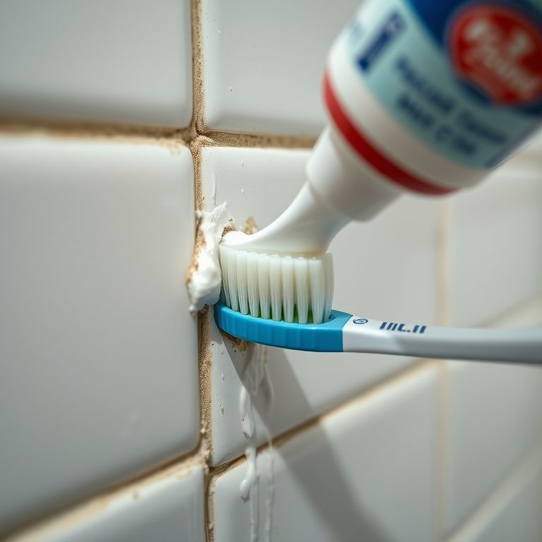 Escova de dente aplicando pasta de dente no rejunte sujo do banheiro.