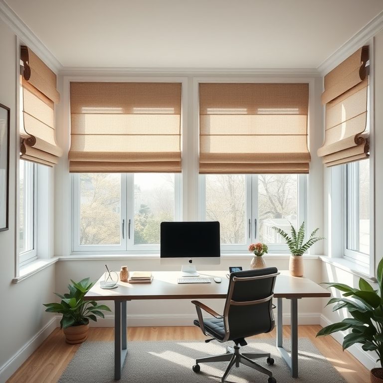 Escritório em casa com cortinas romanas, promovendo concentração e foco em tons neutros.