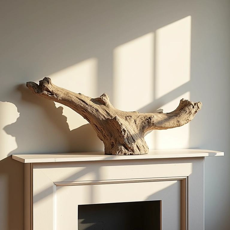 Escultura de madeira flutuante em uma lareira, decoração costeira chique.