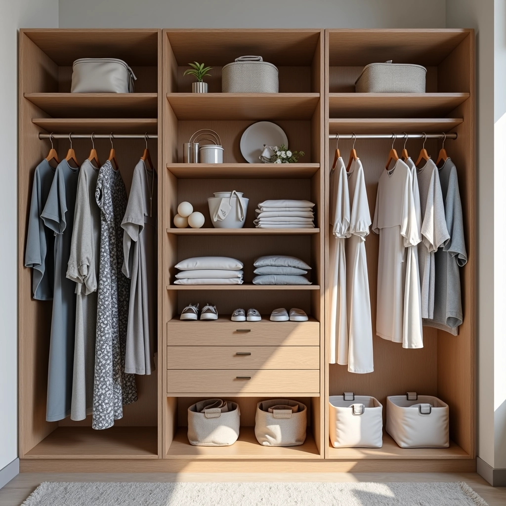 Aproveite o espaço vertical com prateleiras e nichos para guardar mais vestidos. Prateleiras e nichos aproveitando o espaço vertical do closet com vestidos.