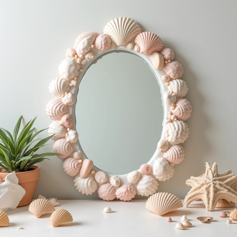 Espelho com moldura de conchas DIY, materiais de artesanato.