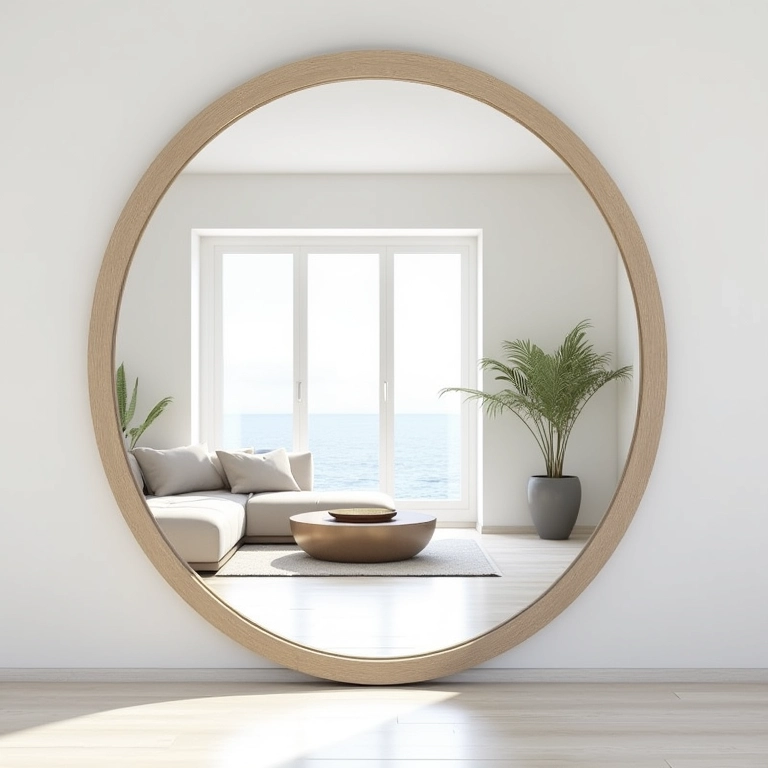 Espelho grande refletindo uma sala de estar costeira, espaço luminoso.