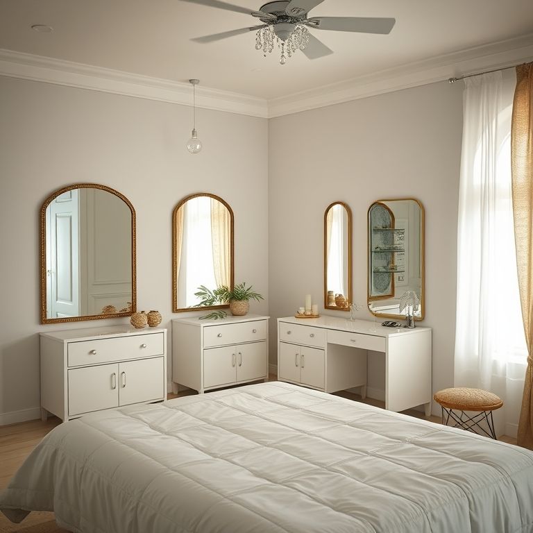 Espelhos ampliando o ambiente em quarto de casal com penteadeira.