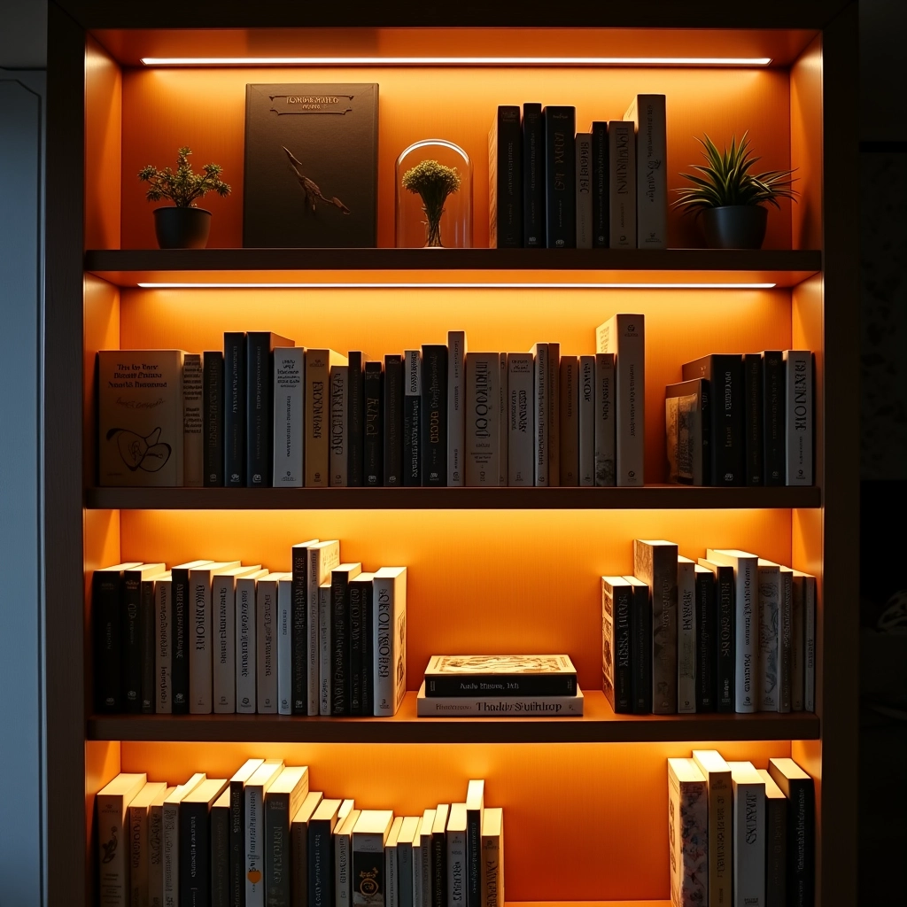 Invista em iluminação para destacar seus livros. Iluminação destacando os livros em uma estante.
