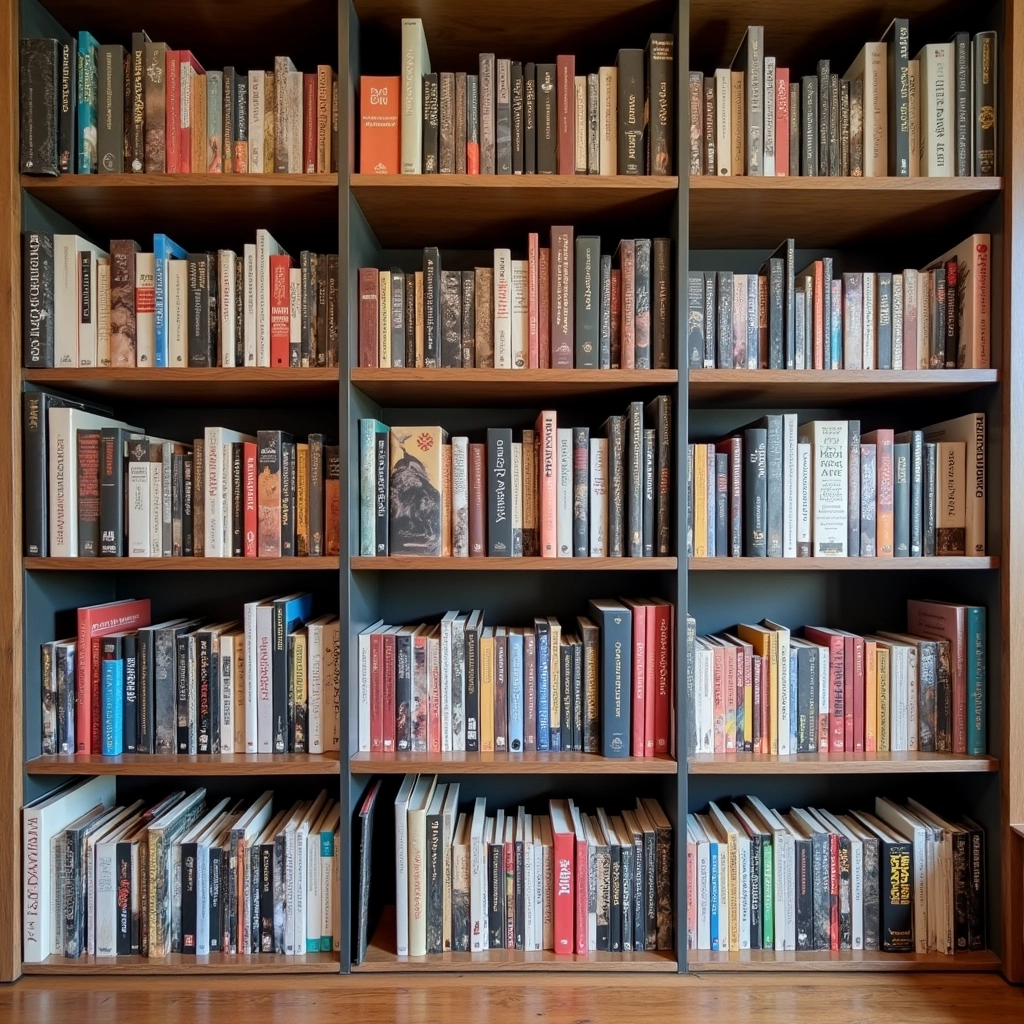 Intercale a disposição dos livros para um visual dinâmico. Livros dispostos na vertical e horizontal em uma estante.