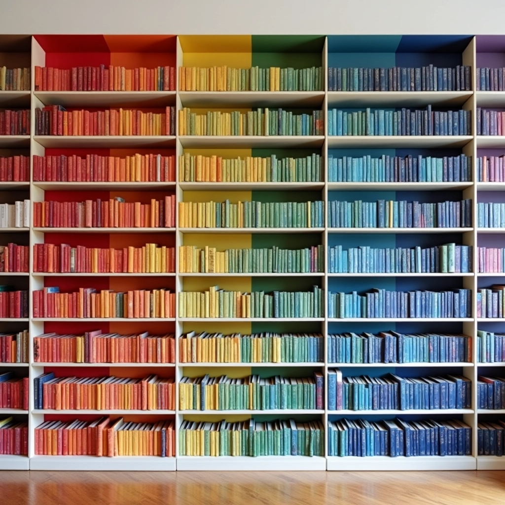 Organize seus livros por cor para um visual moderno e elegante. Estante de livros organizada por cores, criando um visual moderno.
