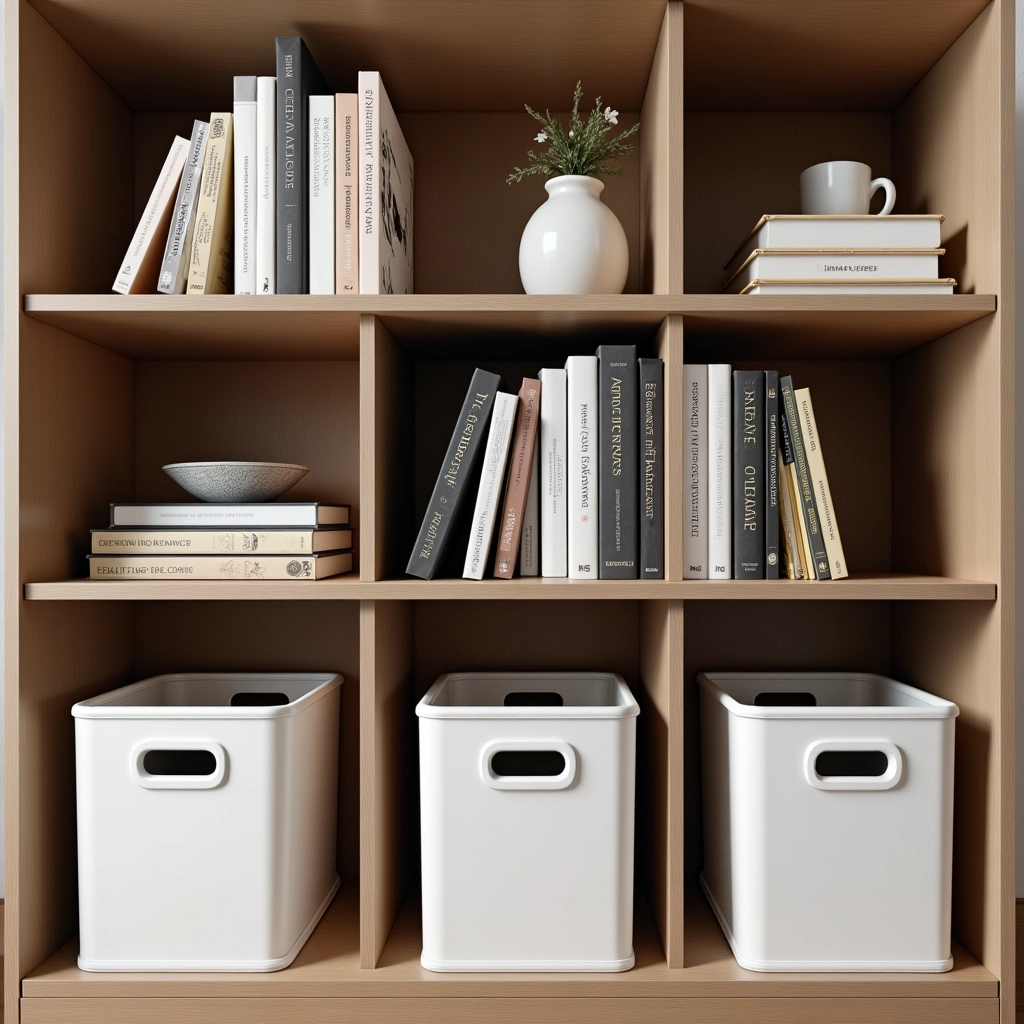 Use nichos e caixas organizadoras para uma estante mais organizada. Nichos e caixas organizadoras sendo utilizados em uma estante de livros.